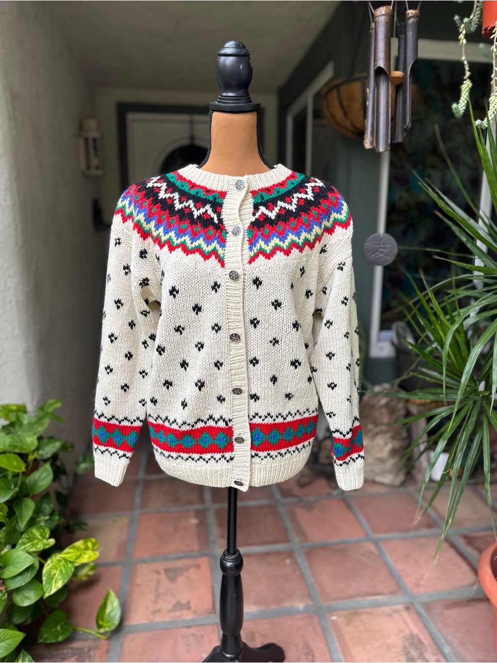 Vtg Eddie Bauer Cream Fair Isle Cardigan with Red, Green & Blue Accents